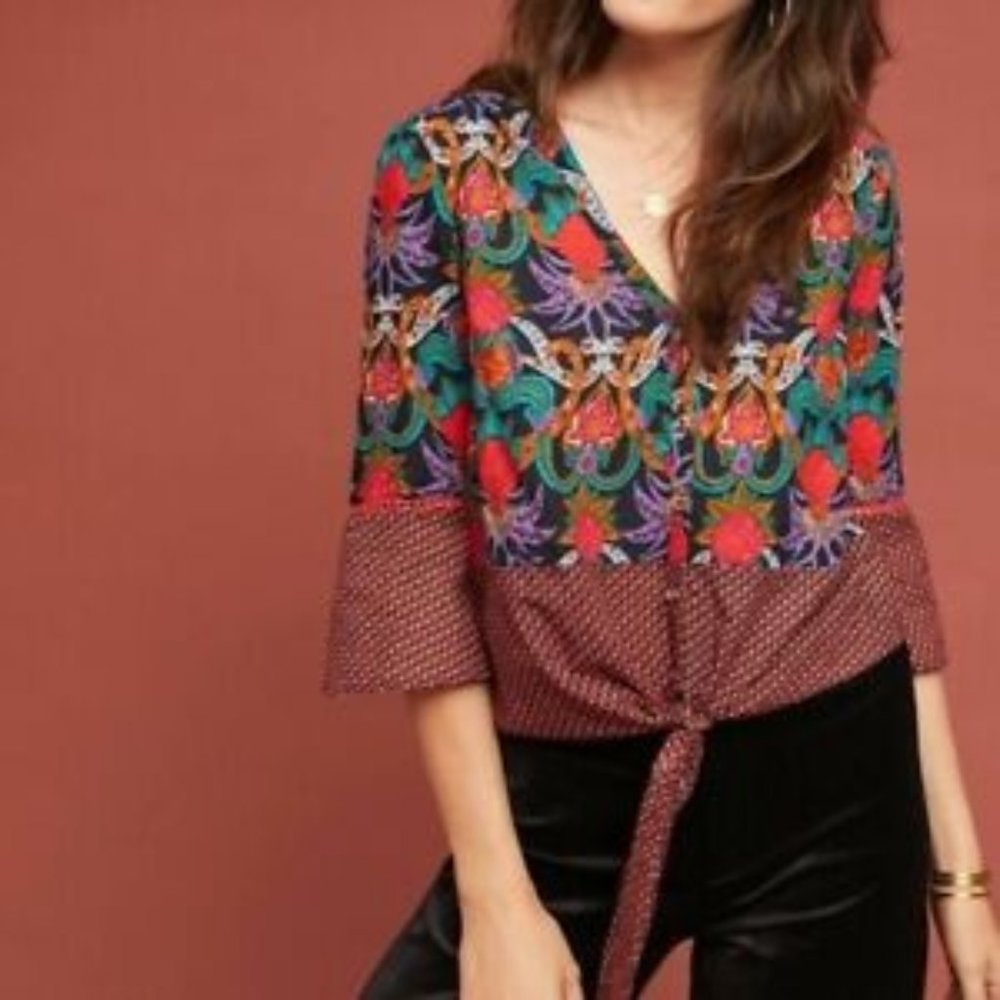 Anthropologie Maeve Carter Floral Tie Front Mixed Pattern Button-up runs SMALL